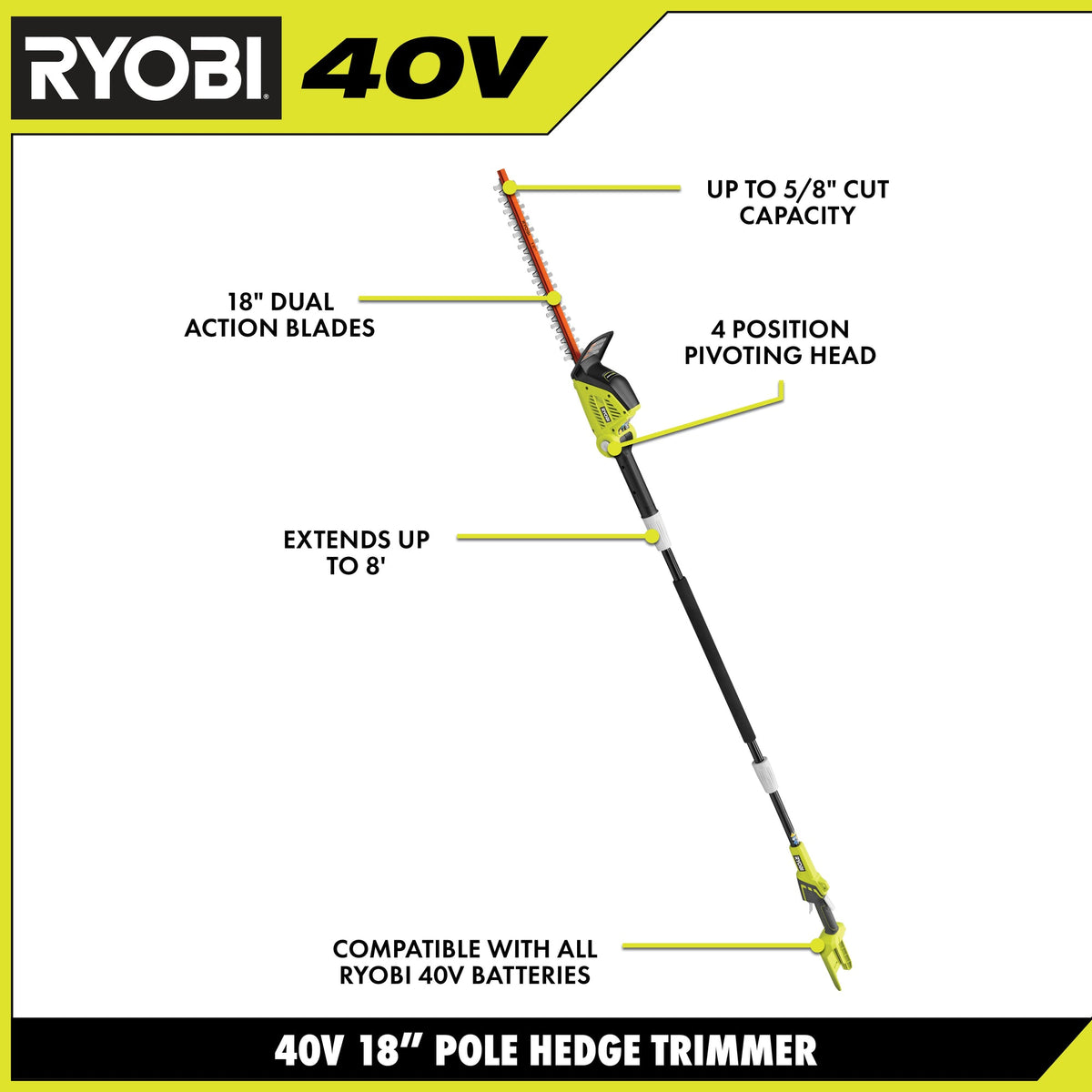 40V 18″ POLE HEDGE TRIMMER KIT | RYOBI