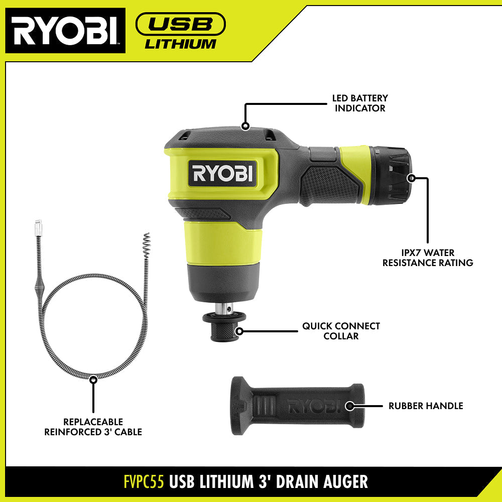 USB LITHIUM CORDLESS DRAIN AUGER WITH 2.0 AH USB LITHIUM BATTERY AND CHARGING CABLE | RYOBI