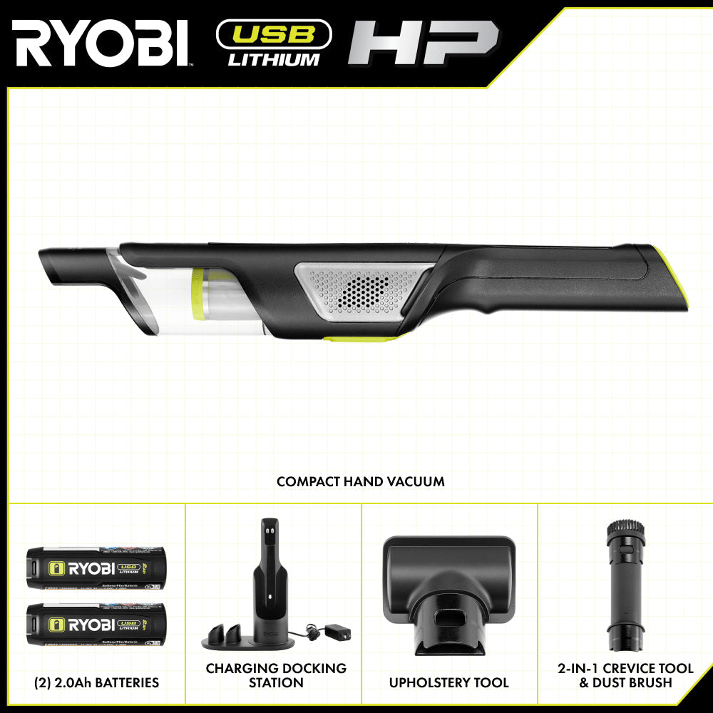 USB LITHIUM HP COMPACT HAND VACUUM CLEANER KIT WITH (2) USB LITHIUM 2.0 AH BATTERIES AND CHARGER | RYOBI