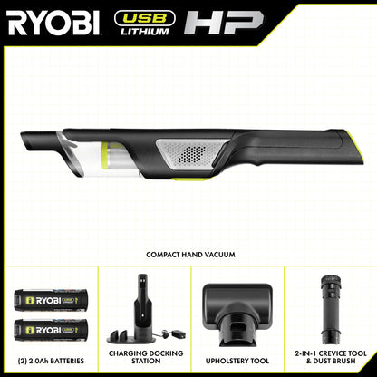 USB LITHIUM HP COMPACT HAND VACUUM CLEANER KIT WITH (2) USB LITHIUM 2.0 AH BATTERIES AND CHARGER | RYOBI