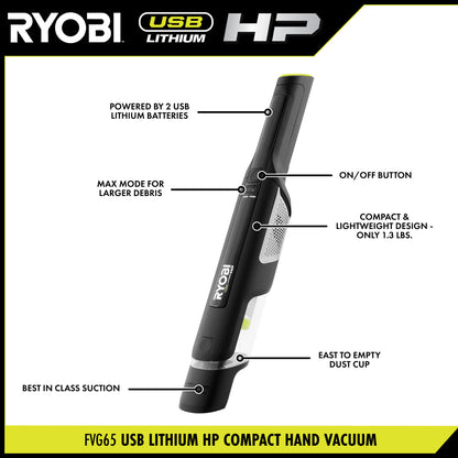 USB LITHIUM HP COMPACT HAND VACUUM CLEANER KIT WITH (2) USB LITHIUM 2.0 AH BATTERIES AND CHARGER | RYOBI