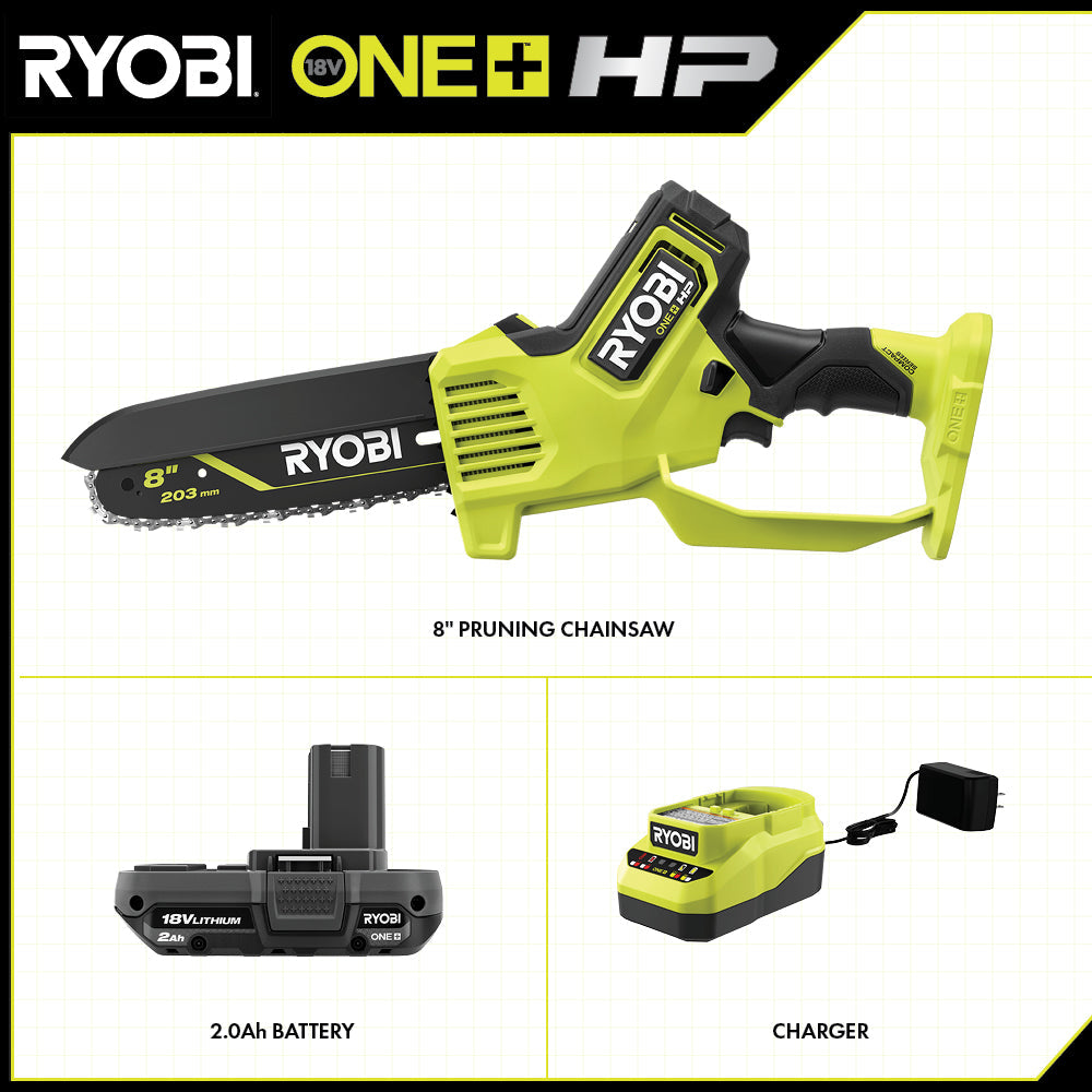 18V ONE+ HP BRUSHLESS 8″ PRUNING MINI CHAINSAW BATTERY POWERED WITH 2.0 AH BATTERY AND CHARGER | RYOBI
