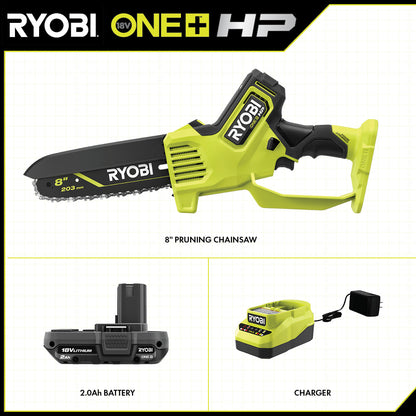 18V ONE+ HP BRUSHLESS 8″ PRUNING MINI CHAINSAW BATTERY POWERED WITH 2.0 AH BATTERY AND CHARGER | RYOBI