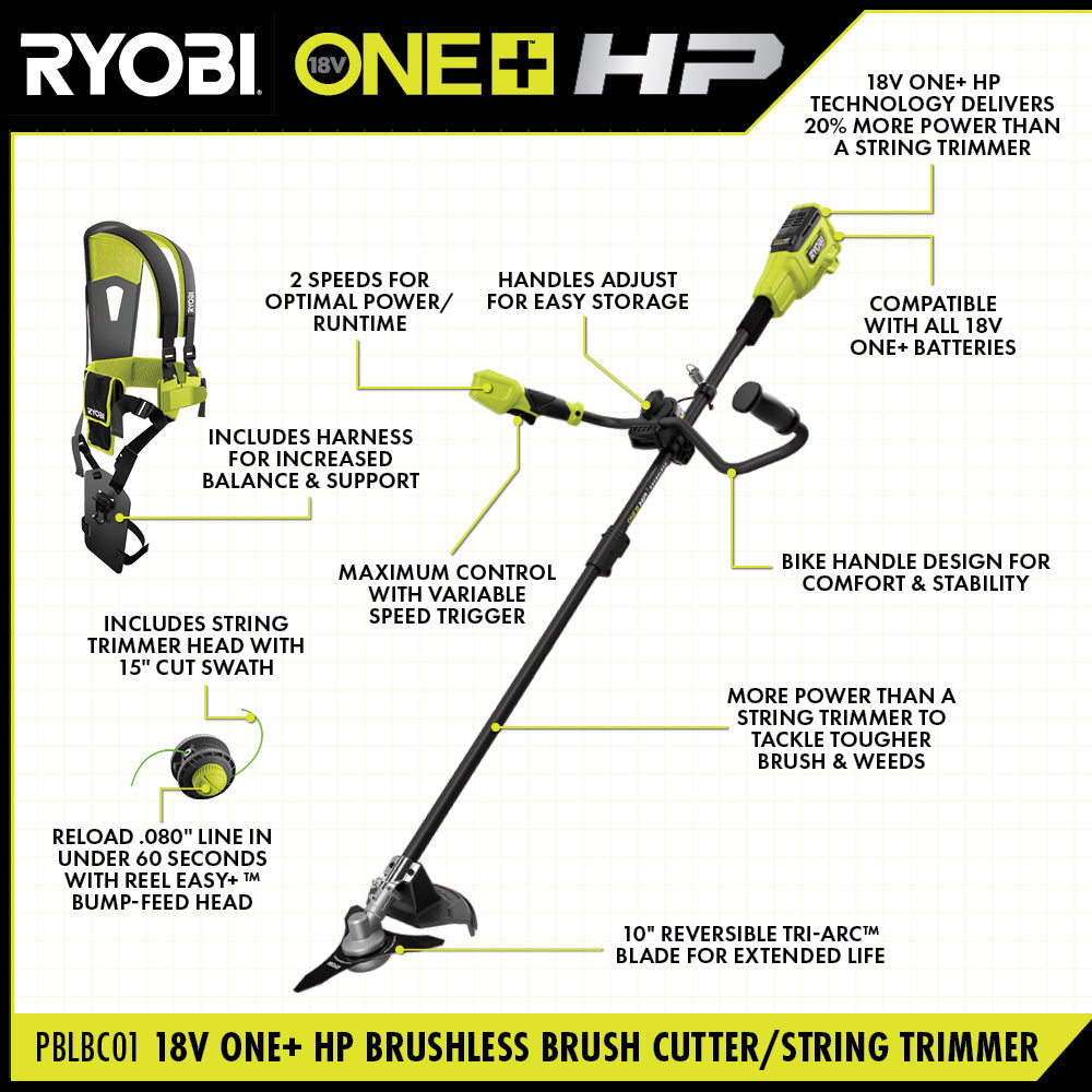 18V ONE+ HP BRUSHLESS BRUSH CUTTER/STRING TRIMMER | RYOBI
