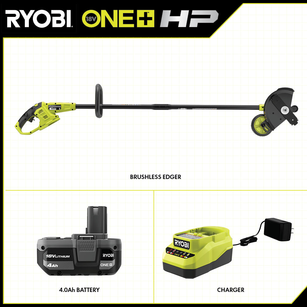 18V ONE+ HP BRUSHLESS LAWN EDGER TOOL WITH 4.0 AH BATTERY AND CHARGER | RYOBI