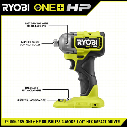18V ONE+ HP BRUSHLESS 4-MODE 1/4″ HEX IMPACT DRIVER | RYOBI