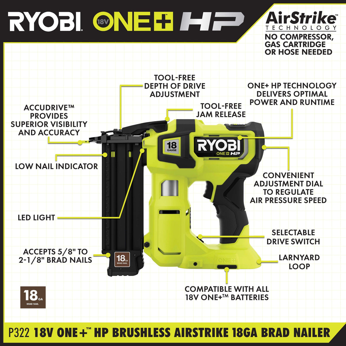 18V ONE+ HP BRUSHLESS AIRSTRIKE 18GA BRAD NAILER KIT | RYOBI