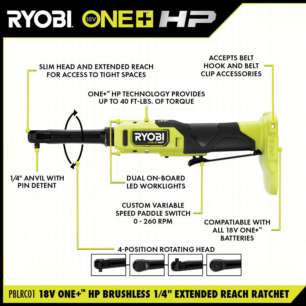 18V ONE+ HP BRUSHLESS 1/4″ EXTENDED REACH RATCHET | RYOBI