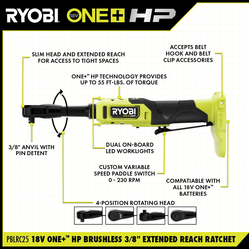 18V ONE+ HP BRUSHLESS 3/8″ EXTENDED REACH RATCHET | RYOBI