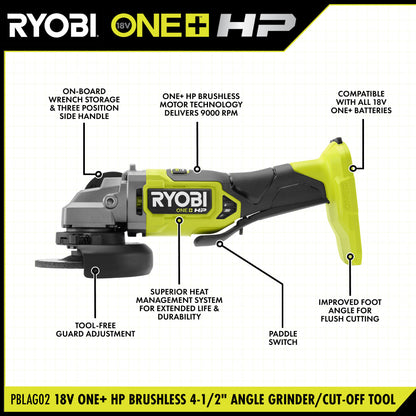 18V ONE+ HP BRUSHLESS 4-1/2″ ANGLE GRINDER/CUT-OFF TOOL | RYOBI