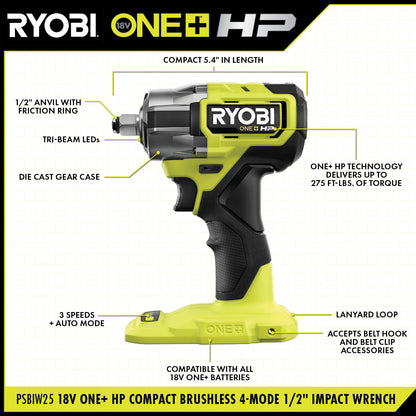 18V ONE+ HP COMPACT BRUSHLESS 4-MODE 1/2″ IMPACT WRENCH KIT | RYOBI