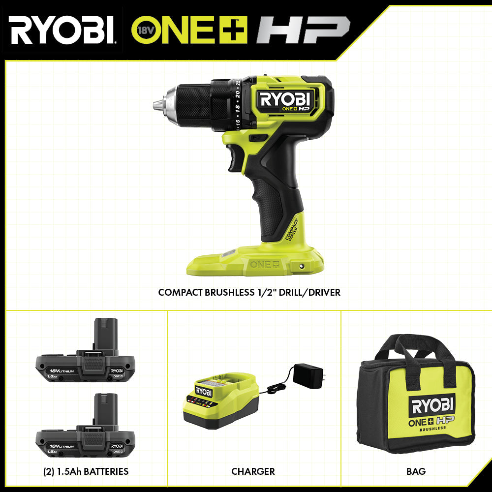 18V ONE+ HP COMPACT BRUSHLESS 1/2″ DRILL/DRIVER KIT | RYOBI