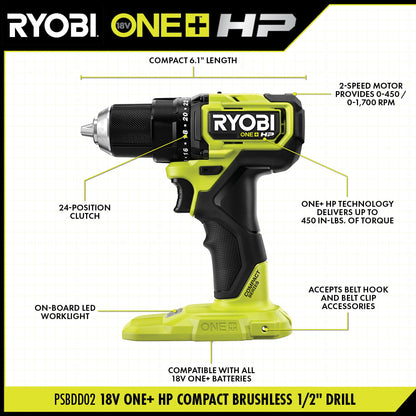 18V ONE+ HP COMPACT BRUSHLESS 1/2″ DRILL/DRIVER KIT | RYOBI