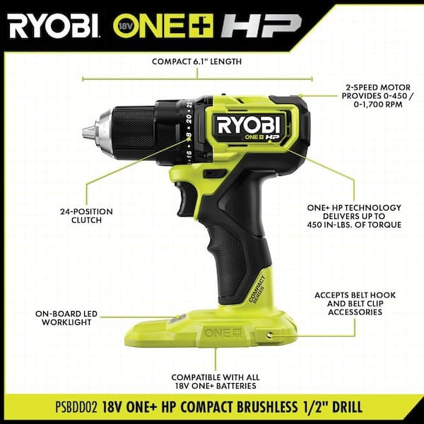 18V ONE+ HP COMPACT BRUSHLESS 1/2″ DRILL/DRIVER KIT | RYOBI