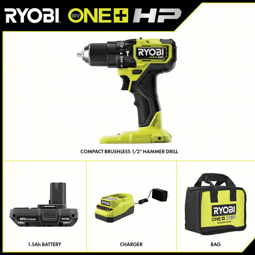 18V ONE+ HP COMPACT BRUSHLESS 1/2″ HAMMER DRILL KIT | RYOBI