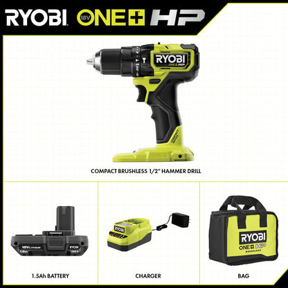 18V ONE+ HP COMPACT BRUSHLESS 1/2″ HAMMER DRILL KIT | RYOBI