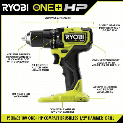 18V ONE+ HP COMPACT BRUSHLESS 1/2″ HAMMER DRILL KIT | RYOBI