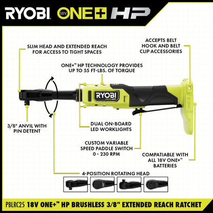 18V ONE+ HP BRUSHLESS 3/8″ EXTENDED REACH RATCHET KIT | RYOBI