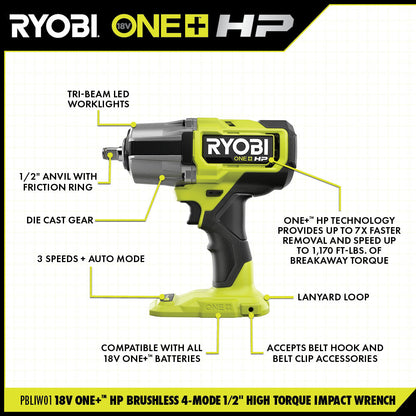 18V ONE+ HP BRUSHLESS 4-MODE 1/2″ HIGH TORQUE IMPACT WRENCH KIT | RYOBI