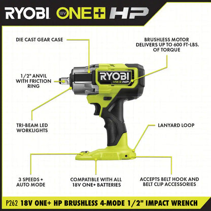 18V ONE+ HP BRUSHLESS 4-MODE 1/2″ IMPACT WRENCH KIT | RYOBI