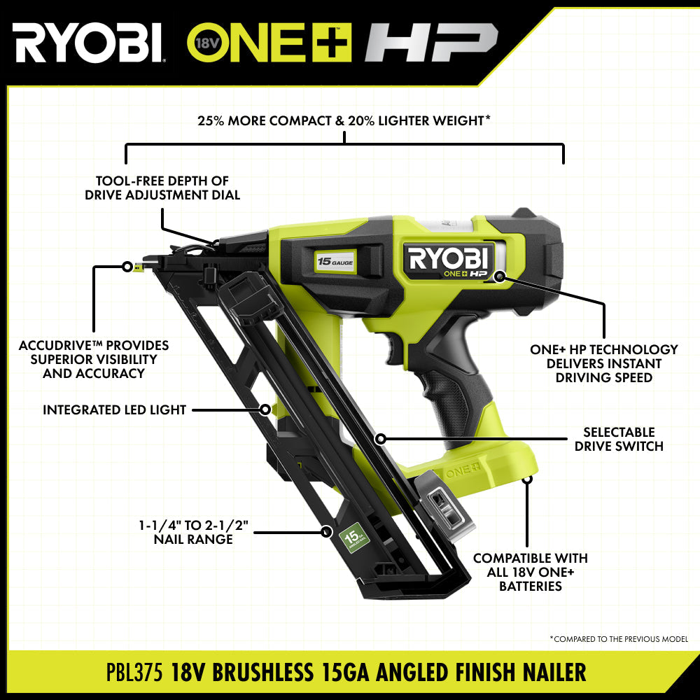 18V ONE+ HP BRUSHLESS 15GA ANGLED FINISH NAILER | RYOBI