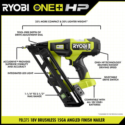 18V ONE+ HP BRUSHLESS 15GA ANGLED FINISH NAILER | RYOBI