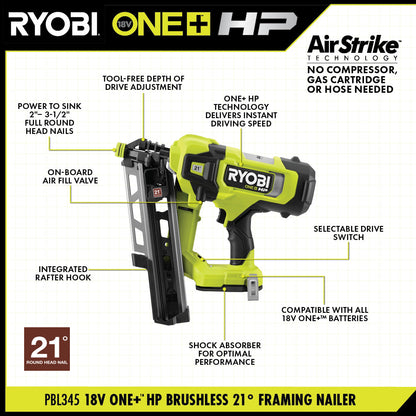 18V ONE+ HP BRUSHLESS 30?? AIRSTRIKE FRAMING NAILER KIT | RYOBI