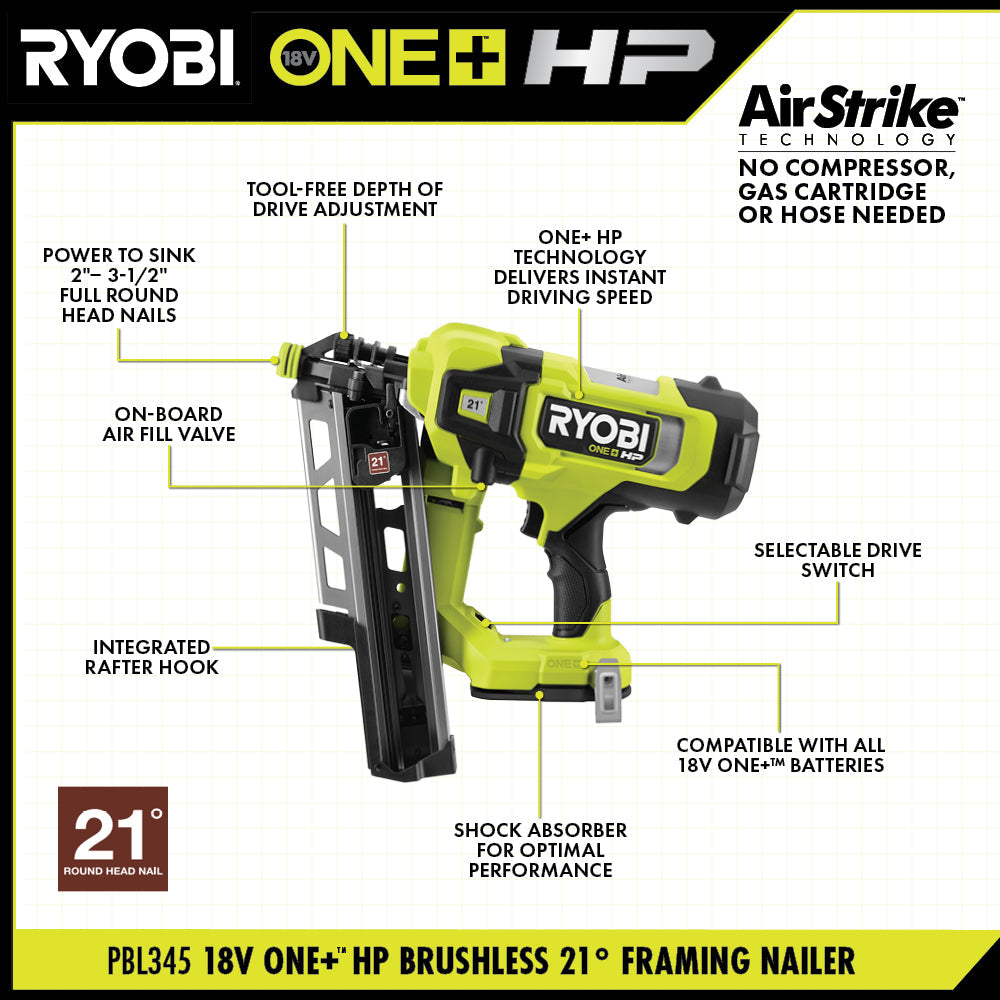 18V ONE+ HP BRUSHLESS AIRSTRIKE 21?? FRAMING NAILER | RYOBI