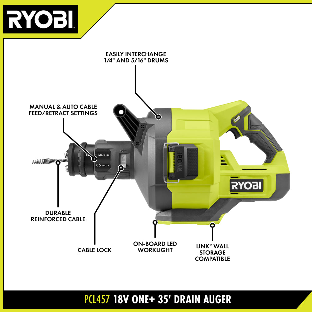ONE+ 18V CORDLESS DRAIN AUGER, DRAIN CLOG REMOVER TOOL W 35 FT CABLE, LED LIGHT, CABLE LOCK, REMOVABLE DRUM (TOOL ONLY) | RYOBI