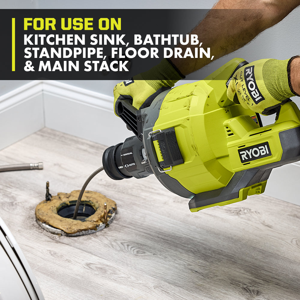 ONE+ 18V CORDLESS DRAIN AUGER, DRAIN CLOG REMOVER TOOL W 35 FT CABLE, LED LIGHT, CABLE LOCK, REMOVABLE DRUM (TOOL ONLY) | RYOBI