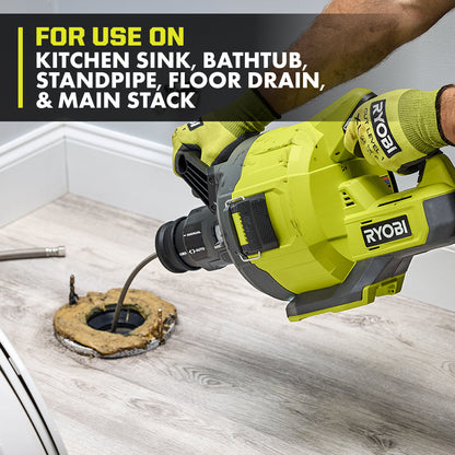 ONE+ 18V CORDLESS DRAIN AUGER, DRAIN CLOG REMOVER TOOL W 35 FT CABLE, LED LIGHT, CABLE LOCK, REMOVABLE DRUM (TOOL ONLY) | RYOBI