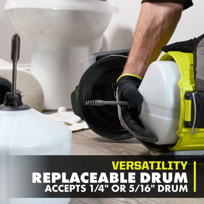ONE+ 18V CORDLESS DRAIN AUGER, DRAIN CLOG REMOVER TOOL W 35 FT CABLE, LED LIGHT, CABLE LOCK, REMOVABLE DRUM (TOOL ONLY) | RYOBI