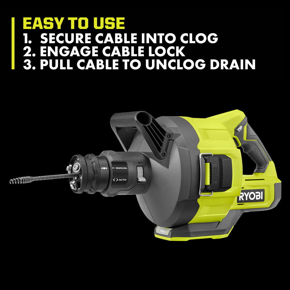 ONE+ 18V CORDLESS DRAIN AUGER, DRAIN CLOG REMOVER TOOL W 35 FT CABLE, LED LIGHT, CABLE LOCK, REMOVABLE DRUM (TOOL ONLY) | RYOBI