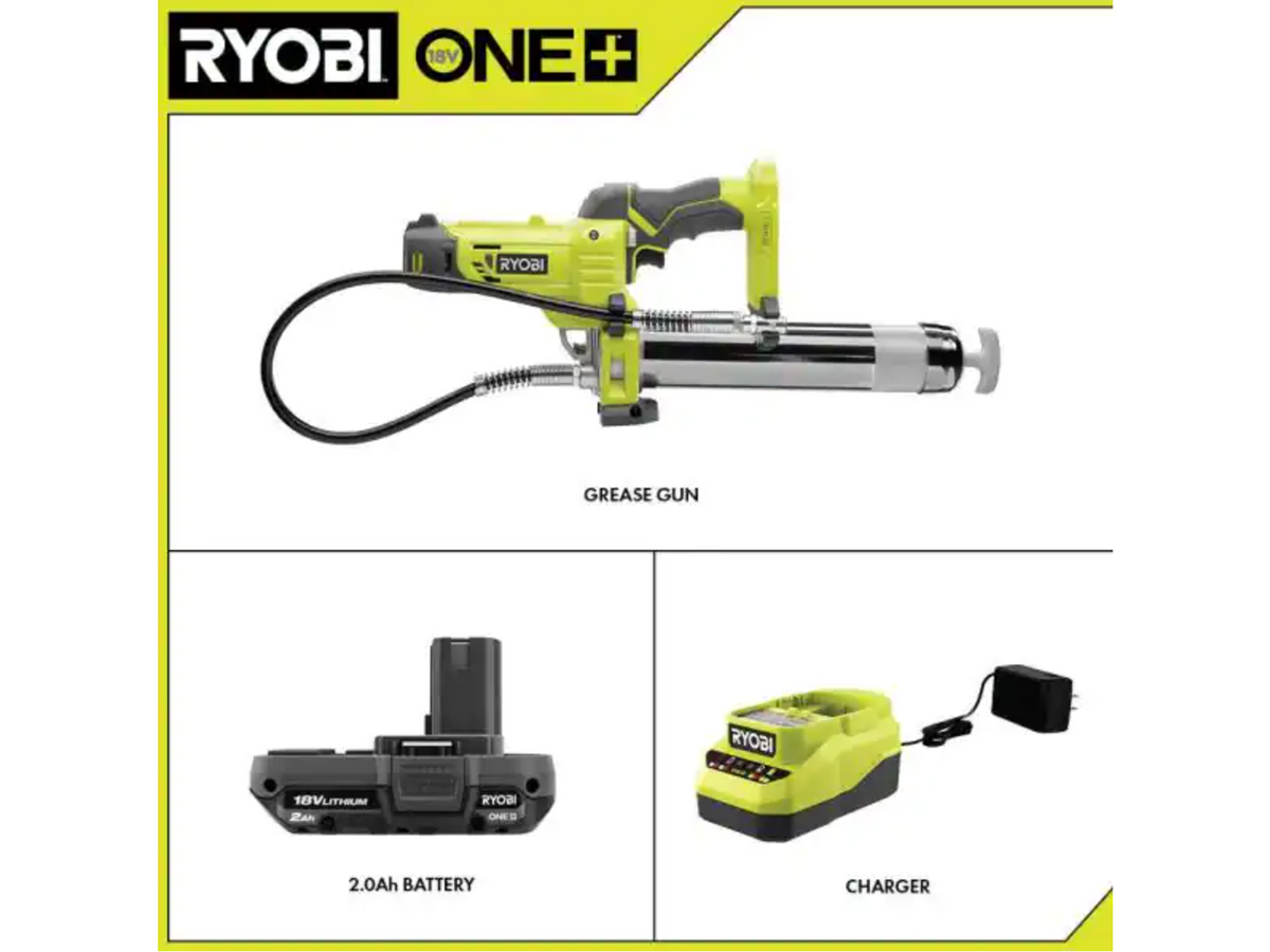 ONE+ 18V CORDLESS GREASE GUN KIT WITH 2.0 AH BATTERY AND 18V CHARGER | RYOBI
