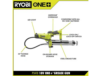 ONE+ 18V CORDLESS GREASE GUN KIT WITH 2.0 AH BATTERY AND 18V CHARGER | RYOBI