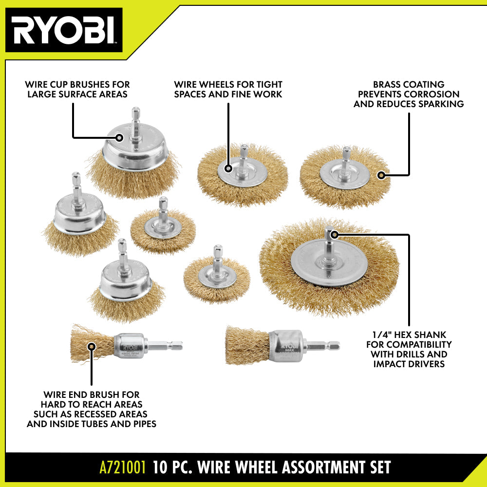 10 PC. WIRE WHEEL ASSORTMENT SET | RYOBI