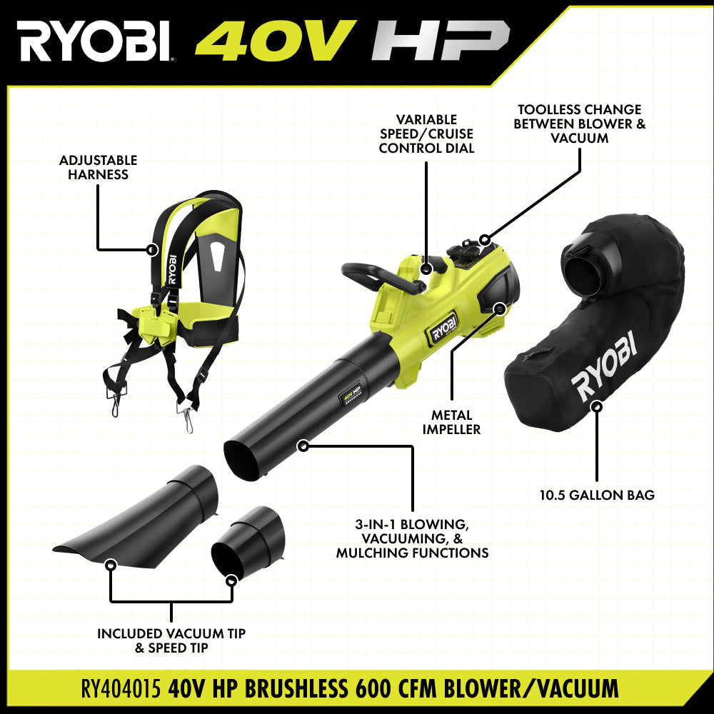 40V HP BRUSHLESS 600 CFM BLOWER/VACUUM | RYOBI