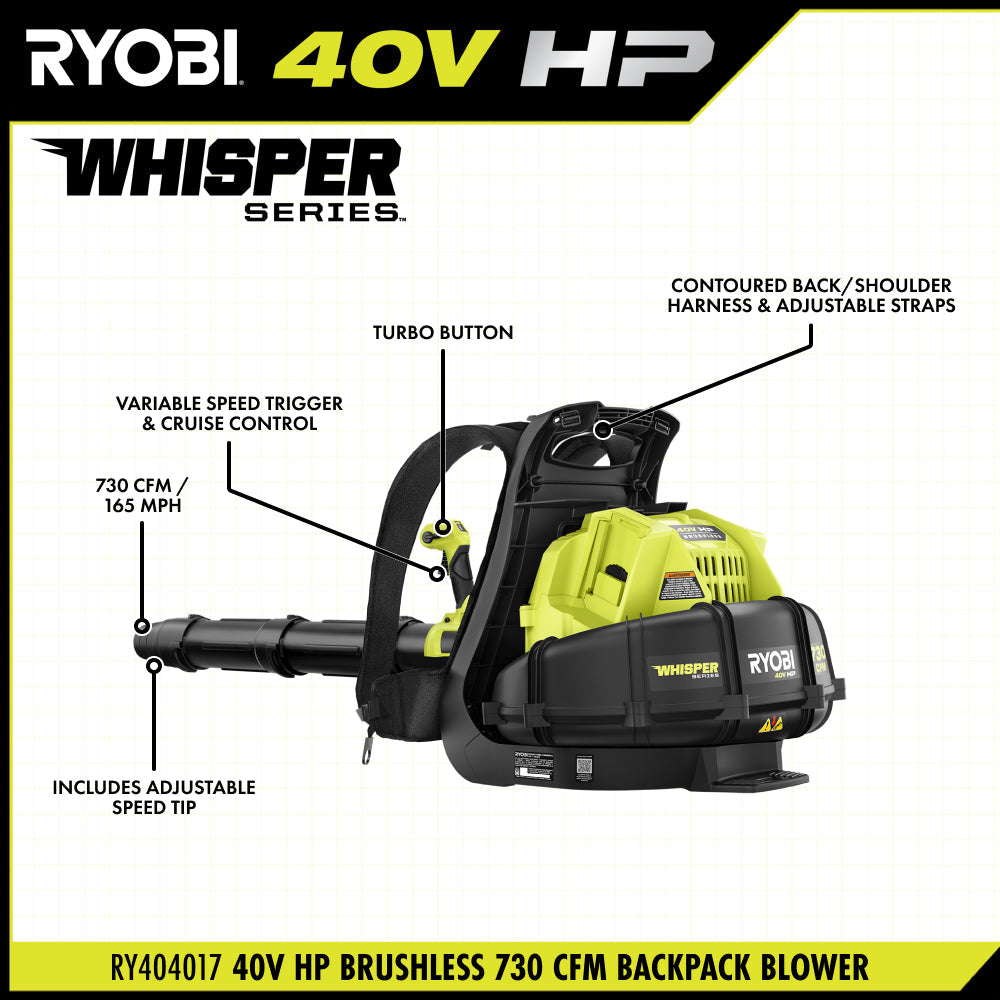 40V HP BRUSHLESS 730 CFM BACKPACK BLOWER KIT | RYOBI