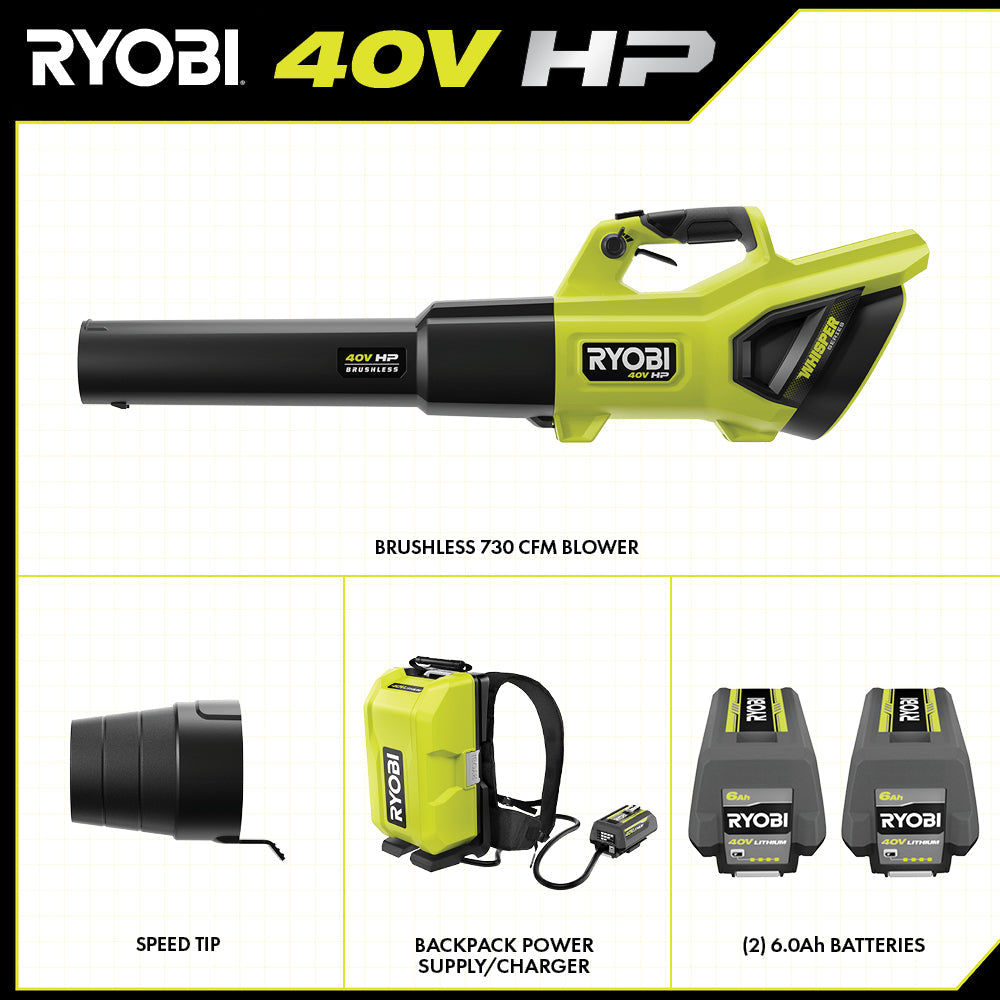40V HP BRUSHLESS 730 CFM WHISPER SERIES BLOWER & BACKPACK POWER SUPPLY KIT | RYOBI