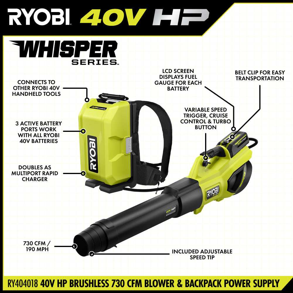 40V HP BRUSHLESS 730 CFM WHISPER SERIES BLOWER & BACKPACK POWER SUPPLY KIT | RYOBI
