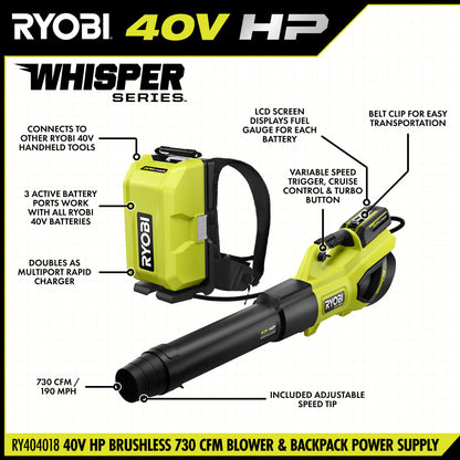 40V HP BRUSHLESS 730 CFM WHISPER SERIES BLOWER & BACKPACK POWER SUPPLY KIT | RYOBI