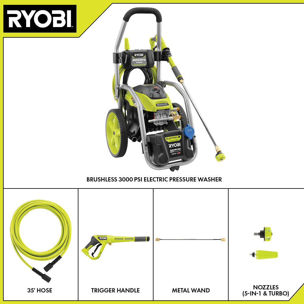 3000 PSI 1.1 GPM BRUSHLESS ELECTRIC PRESSURE WASHER WITH 12″ 2300 PSI SURFACE CLEANER | RYOBI