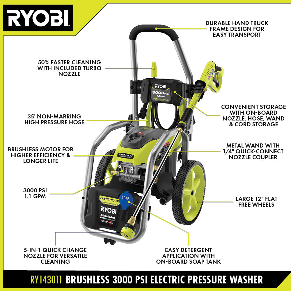 3000 PSI 1.1 GPM BRUSHLESS ELECTRIC PRESSURE WASHER WITH 12″ 2300 PSI SURFACE CLEANER | RYOBI
