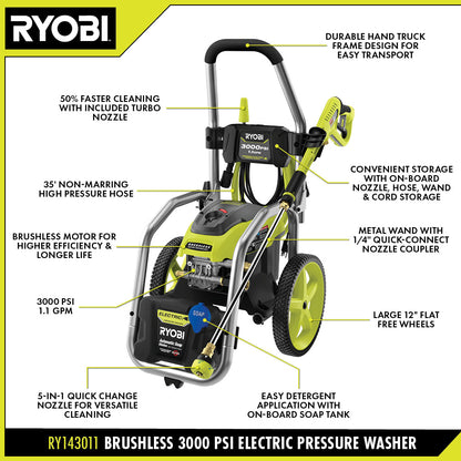 3000 PSI 1.1 GPM BRUSHLESS ELECTRIC PRESSURE WASHER WITH 12″ 2300 PSI SURFACE CLEANER | RYOBI