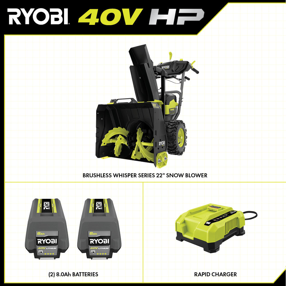 40V HP BRUSHLESS WHISPER SERIES 22″ TWO-STAGE SNOW BLOWER KIT | RYOBI