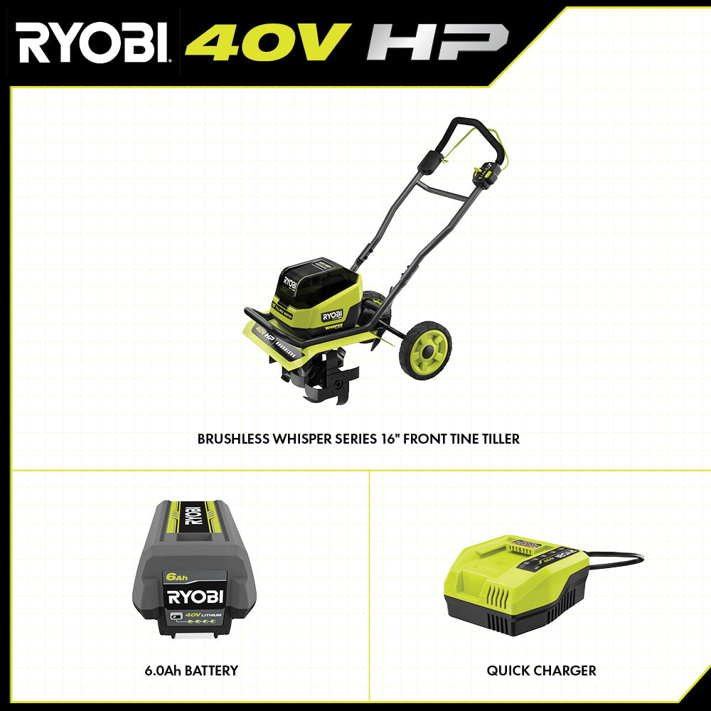 40V HP BRUSHLESS WHISPER SERIES 16″ FRONT TINE TILLER KIT | RYOBI