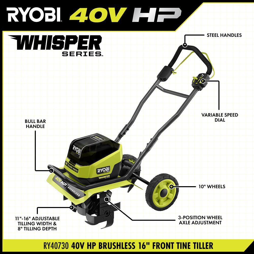 40V HP BRUSHLESS WHISPER SERIES 16″ FRONT TINE TILLER KIT | RYOBI