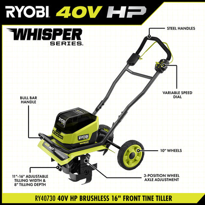 40V HP BRUSHLESS WHISPER SERIES 16″ FRONT TINE TILLER KIT | RYOBI