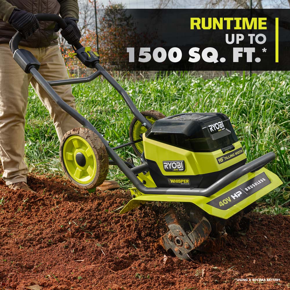 40V HP BRUSHLESS WHISPER SERIES 16″ FRONT TINE TILLER KIT | RYOBI