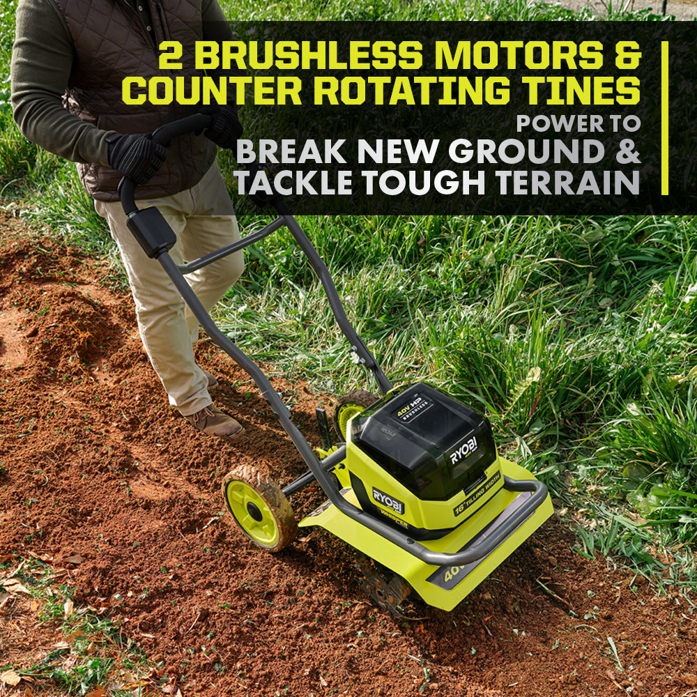 40V HP BRUSHLESS WHISPER SERIES 16″ FRONT TINE TILLER KIT | RYOBI
